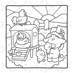 Op de afbeelding: Een zwart-wit lijntekening van een boerderijtafereel met een kip op een kippenhok, een schaap dat een klein kuikentje vasthoudt en een ander kuikentje dat ernaast staat. De achtergrond toont glooiende heuvels, een hek en een opkomende zon.
