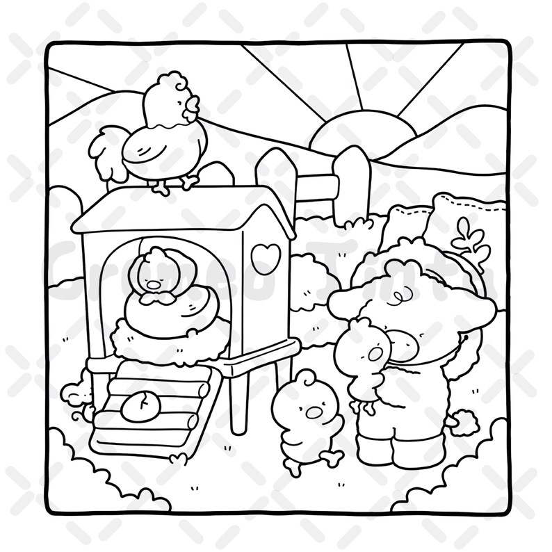 Op de afbeelding: Een zwart-wit lijntekening van een boerderijtafereel met een kip op een kippenhok, een schaap dat een klein kuikentje vasthoudt en een ander kuikentje dat ernaast staat. De achtergrond toont glooiende heuvels, een hek en een opkomende zon.