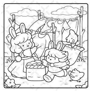 May include: A black and white line art coloring page illustration featuring two rabbit characters hanging laundry on a clothesline outdoors. One rabbit stands by a laundry basket while the other runs nearby, accompanied by two small bird-like creatures.