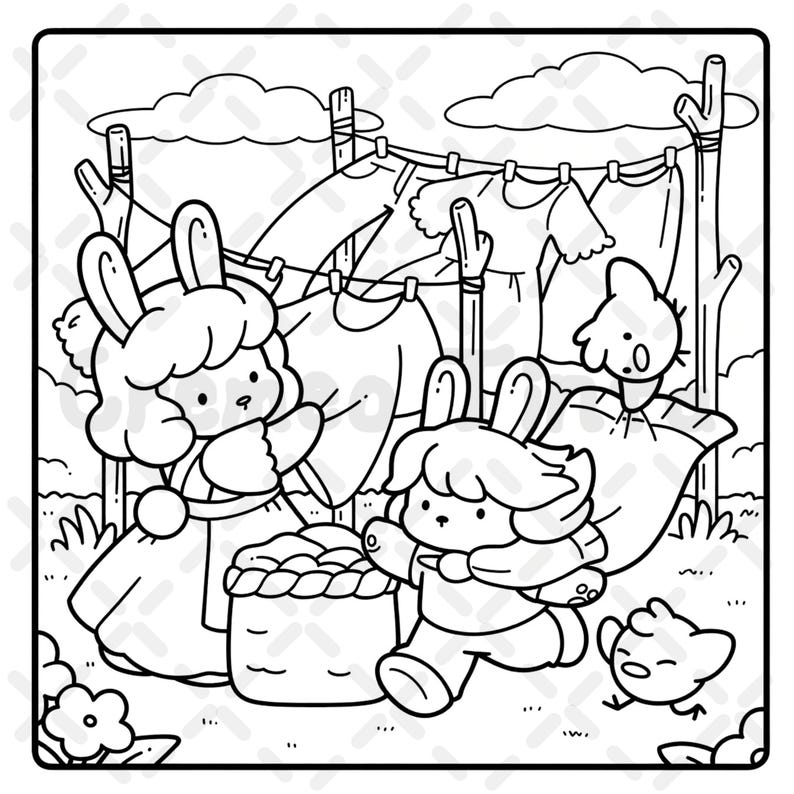May include: A black and white line art coloring page illustration featuring two rabbit characters hanging laundry on a clothesline outdoors. One rabbit stands by a laundry basket while the other runs nearby, accompanied by two small bird-like creatures.