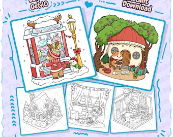 Hiver douillet 8 + 2 pages à colorier gratuites, jolies scènes de vacances audacieuses et faciles, livre de coloriage pour adultes, téléchargement numérique instantané PDF PNG