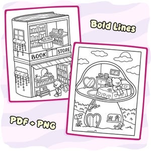 May include: Two black and white colouring pages featuring bold lines. One page shows a two-storey bookstore with a character sweeping, and the other shows a mushroom-shaped house with a bear inside. The text reads Bold Lines and PDF + PNG.