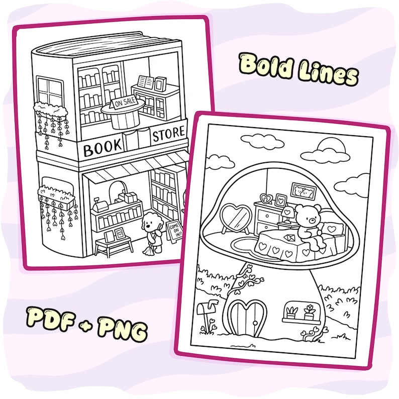 May include: Two black and white colouring pages featuring bold lines. One page shows a two-storey bookstore with a character sweeping, and the other shows a mushroom-shaped house with a bear inside. The text reads Bold Lines and PDF + PNG.
