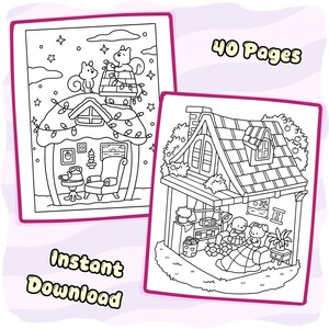 May include: Two black and white colouring pages featuring cosy house scenes with squirrels on a roof and characters inside a home. The text 40 Pages and Instant Download is visible. The illustrations include furniture, plants, and stars.