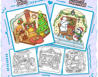 Hiver douillet 8 + 2 pages à colorier gratuites, jolies scènes de vacances audacieuses et faciles, livre de coloriage pour adultes, téléchargement numérique instantané PDF PNG