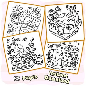 May include: Four square colouring pages featuring black and white line art. Designs include a tomato seed packet, a mushroom house, a record player with musical notes, and mushrooms with small creatures. Text reads 52 Pages Instant Download.