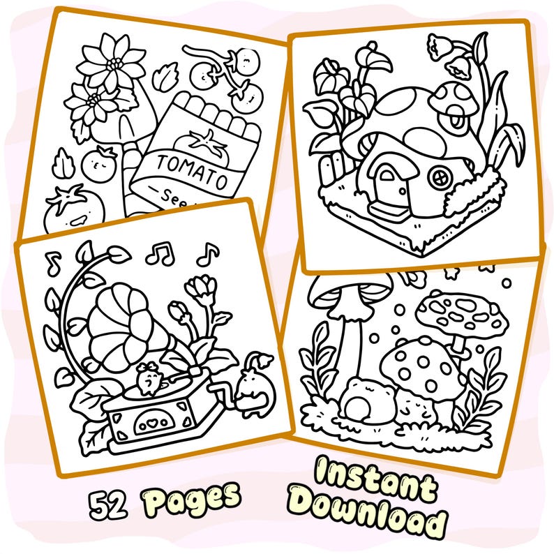 May include: Four square colouring pages featuring black and white line art. Designs include a tomato seed packet, a mushroom house, a record player with musical notes, and mushrooms with small creatures. Text reads 52 Pages Instant Download.