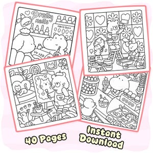 May include: Four black and white colouring pages featuring cartoon animals. Scenes include a nail salon with the text Pretty nails, a bear and rabbit painting a wall, a bear painting a cat portrait, and an ice cream shop with the text COCO.