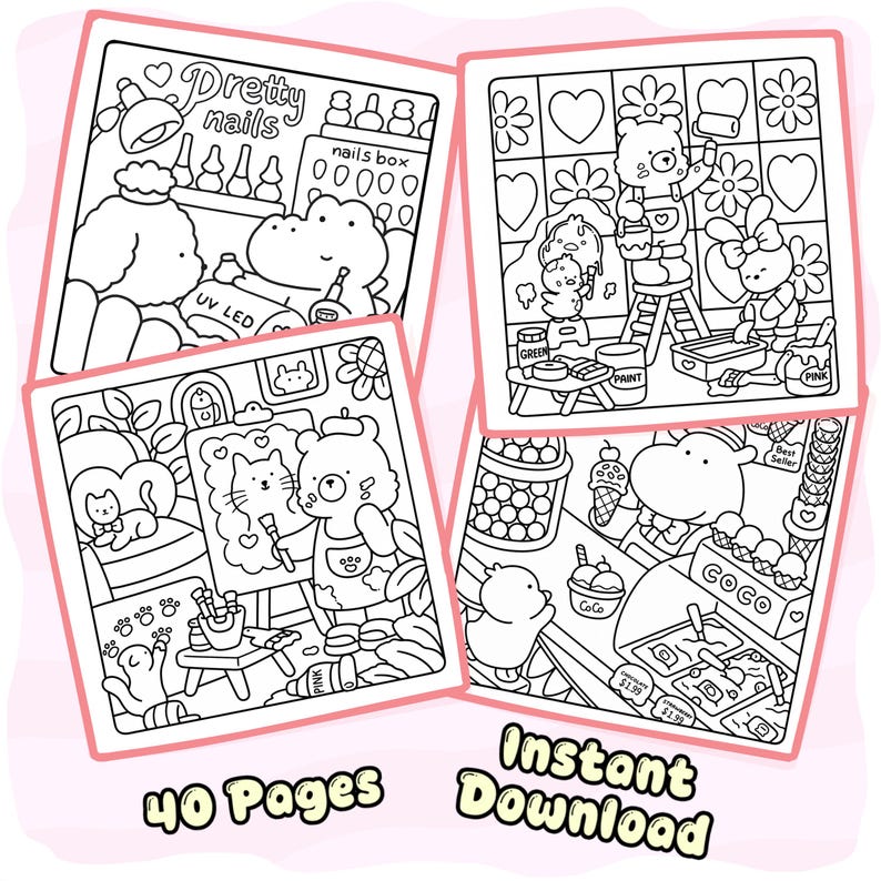 May include: Four black and white colouring pages featuring cartoon animals. Scenes include a nail salon with the text Pretty nails, a bear and rabbit painting a wall, a bear painting a cat portrait, and an ice cream shop with the text COCO.