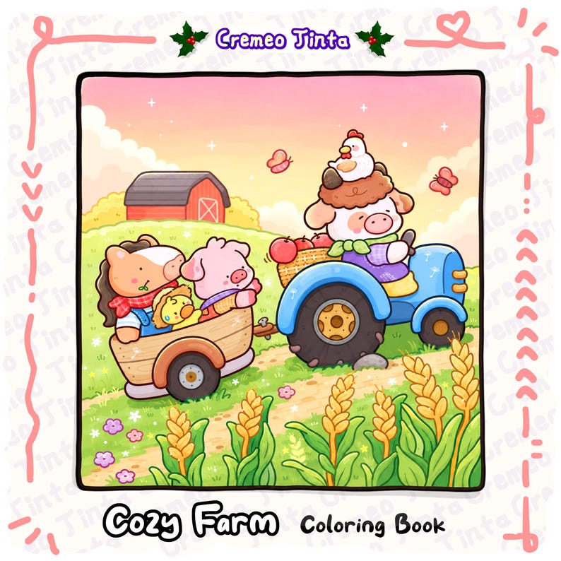 Op de afbeelding: Een kleurboekpagina getiteld Cozy Farm van Cremeo Tinta met een cartoonkoe die een blauwe tractor bestuurt met een kip op haar hoofd. Een aanhanger aan de tractor vervoert een paard, een varken en een eendje. Een rode schuur staat op een heuvel.
