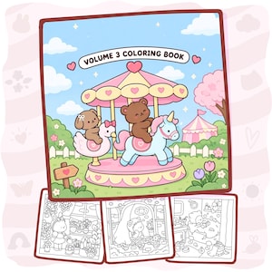 Pode incluir: Um livro de colorir quadrado intitulado VOLUME 3 COLORING BOOK com uma ilustração colorida de um carrossel com um urso castanho e um cachorrinho. Abaixo da capa, há três páginas de arte em linha a preto e branco com várias cenas.
