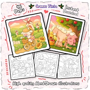 Op de afbeelding: Een digitale collectie van 46 pagina's met handgetekende illustraties van boerderijdieren in kleur en zwart-wit lijntekeningen. De afbeeldingen tonen een schaap op een fiets, een paard en varken die appels plukken en diverse boerderijsc&egrave;nes.