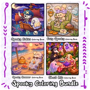 May include: A digital illustration featuring four distinct coloring book covers titled Spooky Cuties, Cozy Spooky, Spooky Summer, and Ghost Life, collectively labeled as a Spooky Coloring Bundle. Each square panel displays colorful cartoon scenes with ghosts, skeletons, and animals in various settings like a pirate ship, a cozy room, a beach, and a picnic.