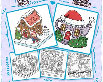 Hiver douillet 8 + 2 pages à colorier gratuites, jolies scènes de vacances audacieuses et faciles, livre de coloriage pour adultes, téléchargement numérique instantané PDF PNG