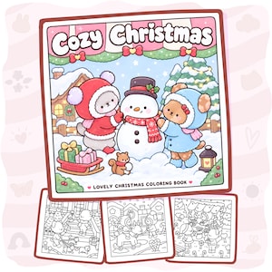 Pode incluir: Um livro de colorir quadrado intitulado Cozy Christmas com uma ilustração de capa colorida de dois ursos com roupas de inverno construindo um boneco de neve, com três páginas de arte em preto e branco exibidas abaixo.