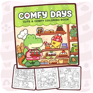 Könnte beinhalten: Ein Malbuch mit dem Titel COMFY DAYS CUTE & COMFY COLORING BOOK zeigt ein grünes Krokodil als Bäcker in einem Laden mit Gebäck, einem gelben Küken und einem Weihnachtsbaum. Darunter befinden sich drei schwarz-weiße Ausmalbilder mit Tierszenen.