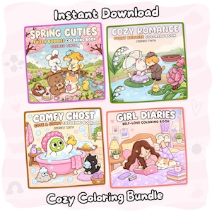 Könnte beinhalten: Ein digitales Malbuch-Set mit vier verschiedenen Covern mit den Titeln Spring Cuties, Cozy Romance, Comfy Ghost und Girl Diaries. Jedes quadratische Cover zeigt farbenfrohe Cartoon-Illustrationen von Tieren, Geistern und Personen in verschiedenen Umgebungen, mit dem Text Instant Download oben und Cozy Coloring Bundle unten.