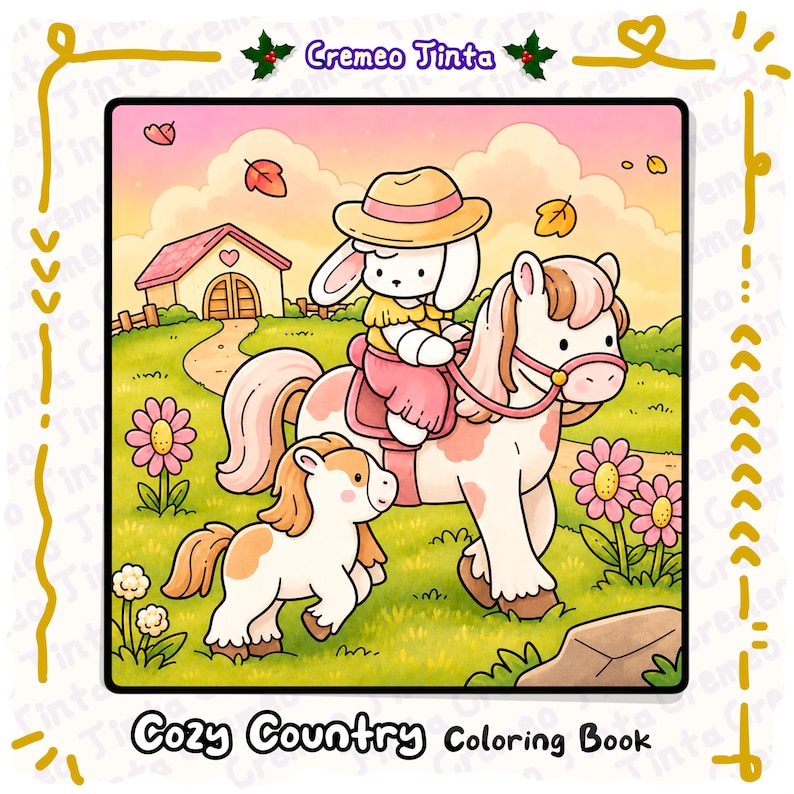 May include: A coloring book page titled Cozy Country featuring a white rabbit wearing a hat riding a spotted horse with a foal in a grassy field. The scene includes a small house, pink flowers, and falling leaves under a soft pink and yellow sky.