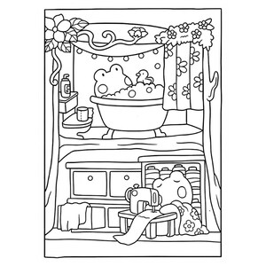 May include: A black and white line art colouring page featuring a two-storey tree house interior. The top floor shows a frog in a bubble bath with a toilet and shower curtain. The bottom floor depicts a frog sewing at a table with a sewing machine.