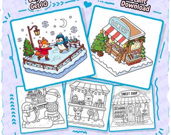 Hiver douillet 8 + 2 pages à colorier gratuites, jolies scènes de vacances audacieuses et faciles, livre de coloriage pour adultes, téléchargement numérique instantané PDF PNG