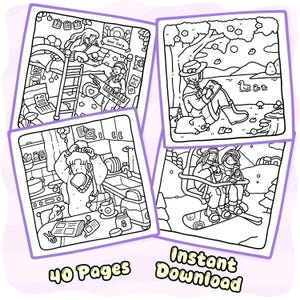 May include: A collection of four black and white coloring pages featuring line art illustrations of people in various settings, including a bedroom, a lakeside, a kitchen, and a ski lift. The text 40 Pages Instant Download is visible.