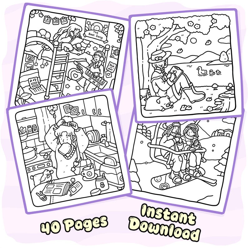 May include: A collection of four black and white coloring pages featuring line art illustrations of people in various settings, including a bedroom, a lakeside, a kitchen, and a ski lift. The text 40 Pages Instant Download is visible.