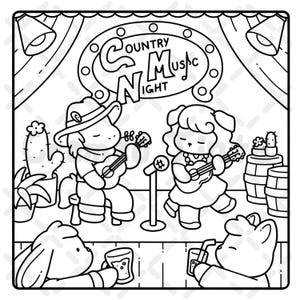 May include: A black and white coloring page illustration featuring two anthropomorphic characters playing guitars on a stage under a sign that reads Country Music Night. Two other characters sit in the foreground holding drinks, with cacti and barrels nearby.