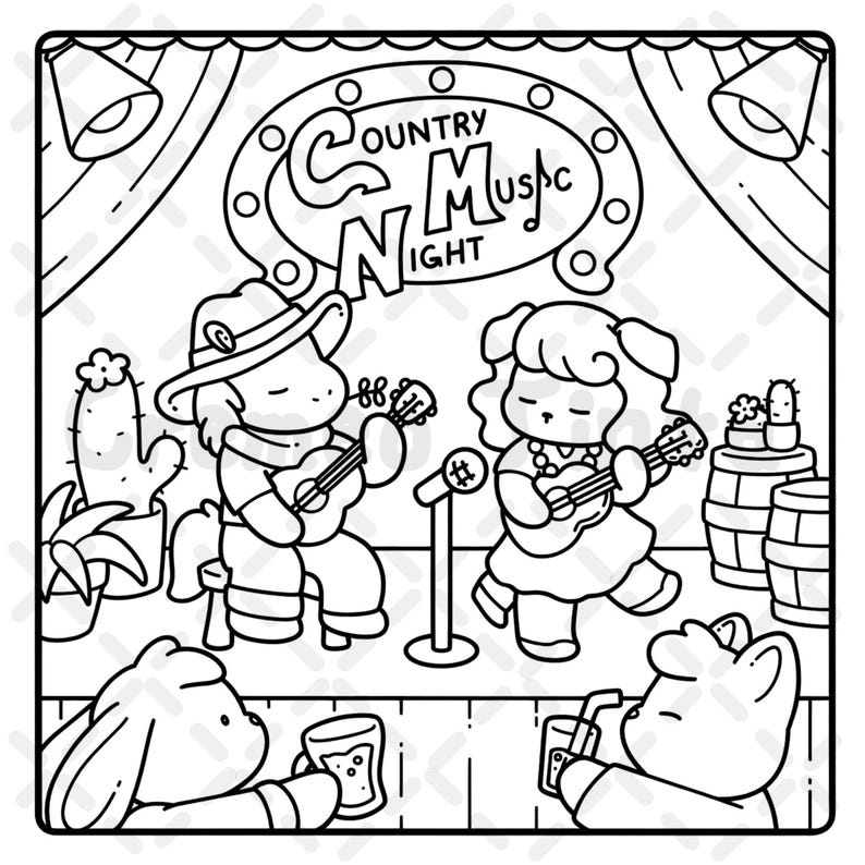 May include: A black and white coloring page illustration featuring two anthropomorphic characters playing guitars on a stage under a sign that reads Country Music Night. Two other characters sit in the foreground holding drinks, with cacti and barrels nearby.