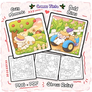 Op de afbeelding: Een digitale collectie kleurplaten getiteld Cozy Moments and Bold Lines van Cremeo Tinta. De set bevat twee gekleurde illustraties van schapen op een boerderij en drie zwart-wit lijntekeningen met dieren in verschillende sc&egrave;nes.