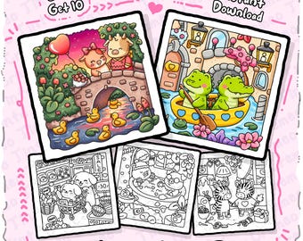 Cozy Love 8 + 2 Free Coloring Pages, Cute Animal Couples, Valentine Cozy Scenes, Bold & Easy, Adult Coloring Book, Digital Download PDF PNG