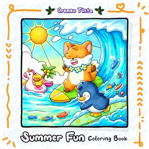 Könnte beinhalten: Eine farbenfrohe Illustration aus einem Malbuch mit dem Titel "Summer Fun Coloring Book". Es zeigt einen Fuchs, der auf einer Welle surft, einen Pinguin, einen Einhorn-Schwimmer und einen Enten-Schwimmer im Ozean. Die Sonne scheint hell am Himmel. Der Text "Cremeo Tinta" steht oben.