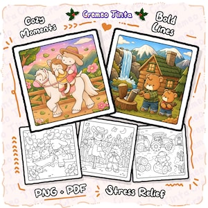 May include: A digital collection of five square illustrations featuring cartoon characters in nature settings. Two images are in full color, showing a character riding a white horse and bears near a cabin. Three are black and white line art pages.