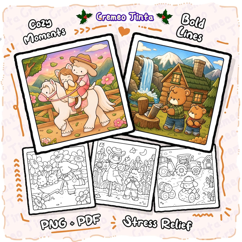May include: A digital collection of five square illustrations featuring cartoon characters in nature settings. Two images are in full color, showing a character riding a white horse and bears near a cabin. Three are black and white line art pages.