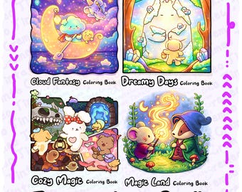 May include: A fantasy colouring book bundle featuring four distinct illustrations titled Cloud Fantasy, Dreamy Days, Cozy Magic, and Magic Land. Each square panel displays colourful cartoon characters in whimsical settings, including a moon, crystals, a forest, and magical creatures with wands.
