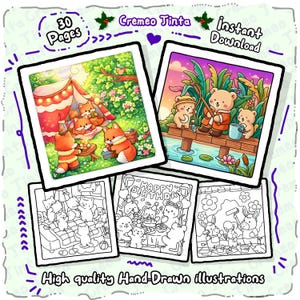 May include: A digital download featuring hand-drawn illustrations. The image showcases colorful and black-and-white drawings of animals in various scenes, including a picnic with foxes and bears fishing. Text includes "30 Pages", "Cremeo Tinta", and "Instant Download".