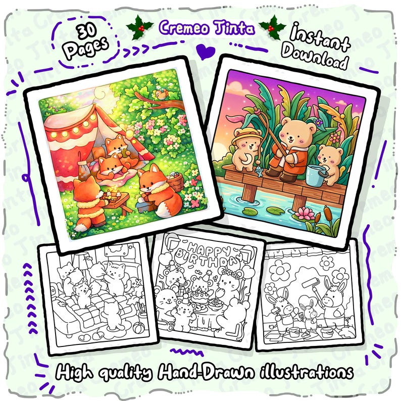 May include: A digital download featuring hand-drawn illustrations. The image showcases colorful and black-and-white drawings of animals in various scenes, including a picnic with foxes and bears fishing. Text includes "30 Pages", "Cremeo Tinta", and "Instant Download".