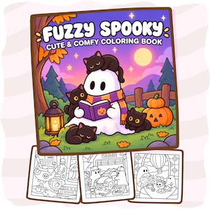 May include: A square coloring book titled FUZZY SPOOKY CUTE & COMFY COLORING BOOK featuring a ghost reading a book surrounded by black cats, a lantern, and pumpkins. Below are three black and white line art pages showing ghost scenes.