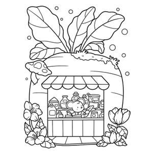 May include: A black and white line art colouring page featuring a small mouse working inside a shop built into a large turnip. The shop has a striped awning, shelves filled with various jars and bottles, and is surrounded by flowers and a mushroom.