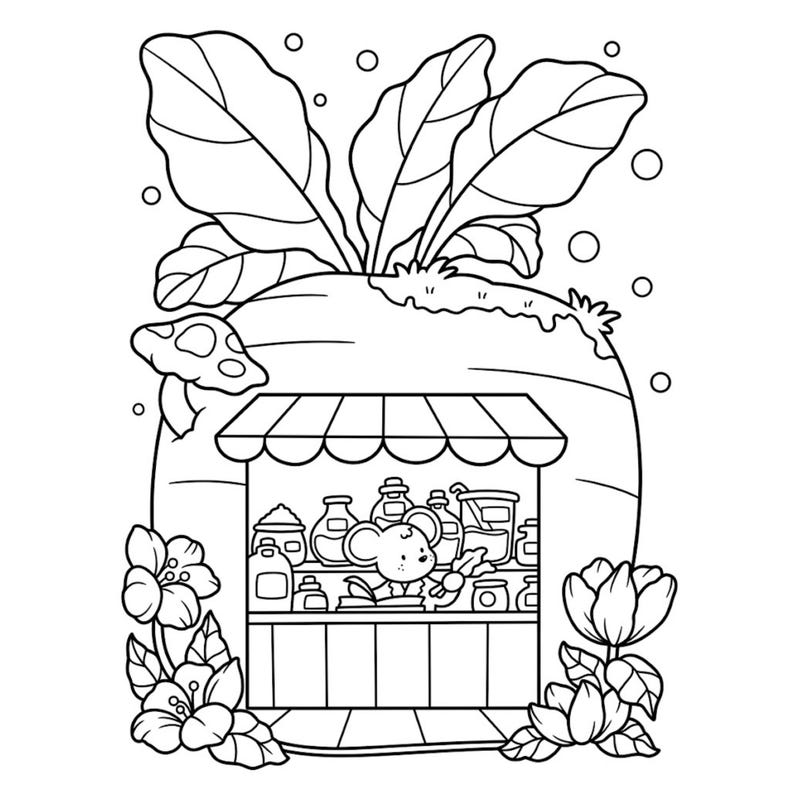 May include: A black and white line art colouring page featuring a small mouse working inside a shop built into a large turnip. The shop has a striped awning, shelves filled with various jars and bottles, and is surrounded by flowers and a mushroom.