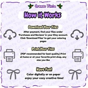 Op de afbeelding: Een instructieve afbeelding getiteld How it Works door Cremeo Tinta met een lichtpaarse achtergrond. Het beschrijft drie stappen: Download Your Files, Print Your Files en Have Fun, met iconen van wolken met pijlen, printers en strikken.