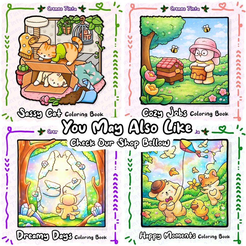 Op de afbeelding: Een digitale collage met vier verschillende kleurboekcovers getiteld Sassy Cat, Cozy Jobs, Dreamy Days en Happy Moments. De centrale tekst luidt You May Also Like en Check Our Shop Bellow, omringd door kleurrijke, grillige illustraties van dieren in diverse omgevingen zoals tuinen, besneeuwde landschappen en binnenruimtes.