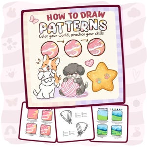 Può includere: Una guida didattica digitale intitolata HOW TO DRAW PATTERNS con il sottotitolo Color your world, practice your skills. Include illustrazioni di due cani, un gomitolo di lana, una stella e tutorial passo dopo passo per disegnare paesaggi.