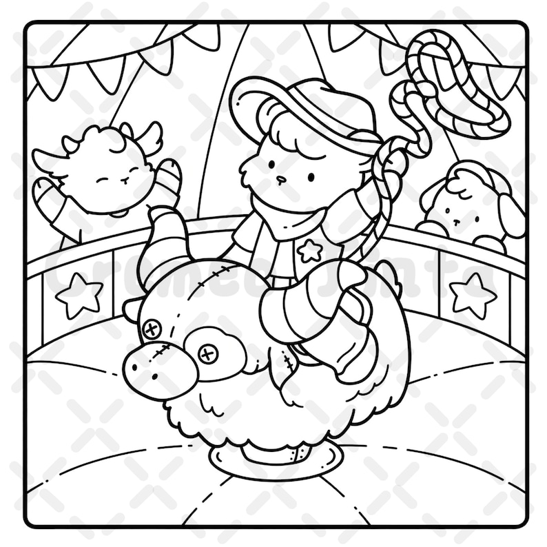 May include: A black and white line art coloring page featuring a cartoon character wearing a cowboy hat and bandana, riding a stuffed bull toy with button eyes. Two smaller cartoon animals watch from behind a circular fence with star accents.