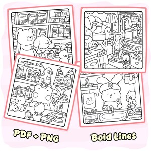 May include: A set of four black and white colouring pages featuring cartoon scenes: a grocery store with animals, a garage sale, a wizard's room with a crystal ball, and a bathroom with a rabbit. The text PDF + PNG and Bold Lines is included.