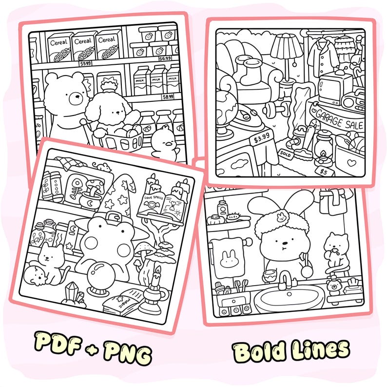 May include: A set of four black and white colouring pages featuring cartoon scenes: a grocery store with animals, a garage sale, a wizard's room with a crystal ball, and a bathroom with a rabbit. The text PDF + PNG and Bold Lines is included.