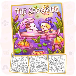 Puede incluir: Una ilustración colorida titulada THE SPOOKIES que muestra a un fantasma con paraguas rosa y un gato con sombrero de brujo remando en un estanque morado con calabazas y espadañas, junto a tres páginas para colorear en blanco y negro.