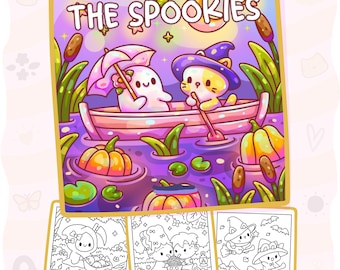 Kolorowanka „The Spookies” | 30 uroczych stron z motywem Halloween + 10 darmowych stron, kawaii duchy, magiczne koty i straszne sceny, plik PDF do druku dla dorosłych