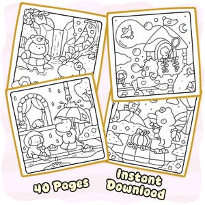 May include: A collection of four black and white colouring pages featuring cartoon animals in various settings, including a waterfall, a castle, a rainy scene, and a garden. The text 40 Pages Instant Download is printed at the bottom.