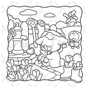 Op de afbeelding: Een zwart-wit kleurplaat met een cartoonlammetje dat een tulp vasthoudt in een tuin. De sc&egrave;ne bevat een waterpomp, een schep, een klein vogeltje, een windmolen in de verte en een paar laarzen gevuld met tulpen.
