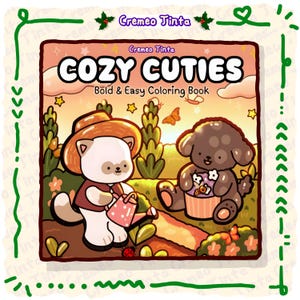 Pode incluir: Um livro de colorir infantil intitulado "COZY CUTIES" com ilustrações de um gato regando plantas e um cão segurando uma cesta de flores. A capa apresenta uma paleta de cores quentes com estrelas e borboletas.